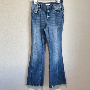 Flying Monkey High Rise Flare Jeans Seam Detail Raw‎ Hem Blue Distressed 29 Boho